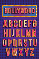 Retro Vintage light bulb lamp font or alphabet. Typography design, font bright glowing decoration, vector illustration. Bollywood word on gradient background. Indian cinema poster