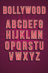 Retro Vintage light bulb lamp font or alphabet. Typography design, font bright glowing decoration, vector illustration. Bollywood word on gradient background. Indian cinema poster