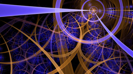 Abstract fractal background made out of intricate pattern of interconnected rings, arches and geometric patterns in glowing purple, orange