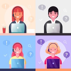 Young woman and man Operator of call center office working with laptop in headphones. Customer service character answer questions and find solution. Illustration vector.