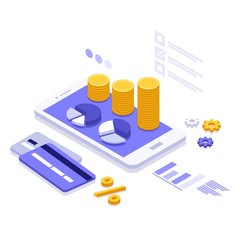 Isometric illustration mobile technology solution online payment, data analysis. Isometric financial consulting. Mobile phone, graphs, percentage, currency, credit cards, coins. Finance management