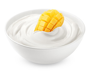 mango with sour cream, yogurt, isolated on white background, clipping path, full depth of field
