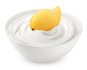 mango with sour cream, yogurt, isolated on white background, clipping path, full depth of field