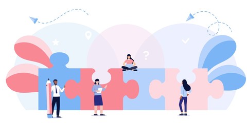 Teamwork metaphor. Business team. puzzle elements. Vector illustration flat design style. Symbol of cooperation, partnership. Ethnic business people group. Office workers talking.