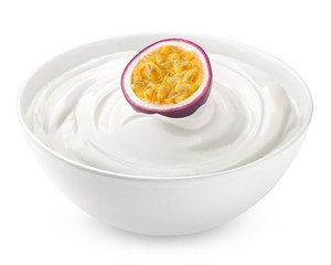 passionfruit with sour cream, yogurt, isolated on white background, clipping path, full depth of field