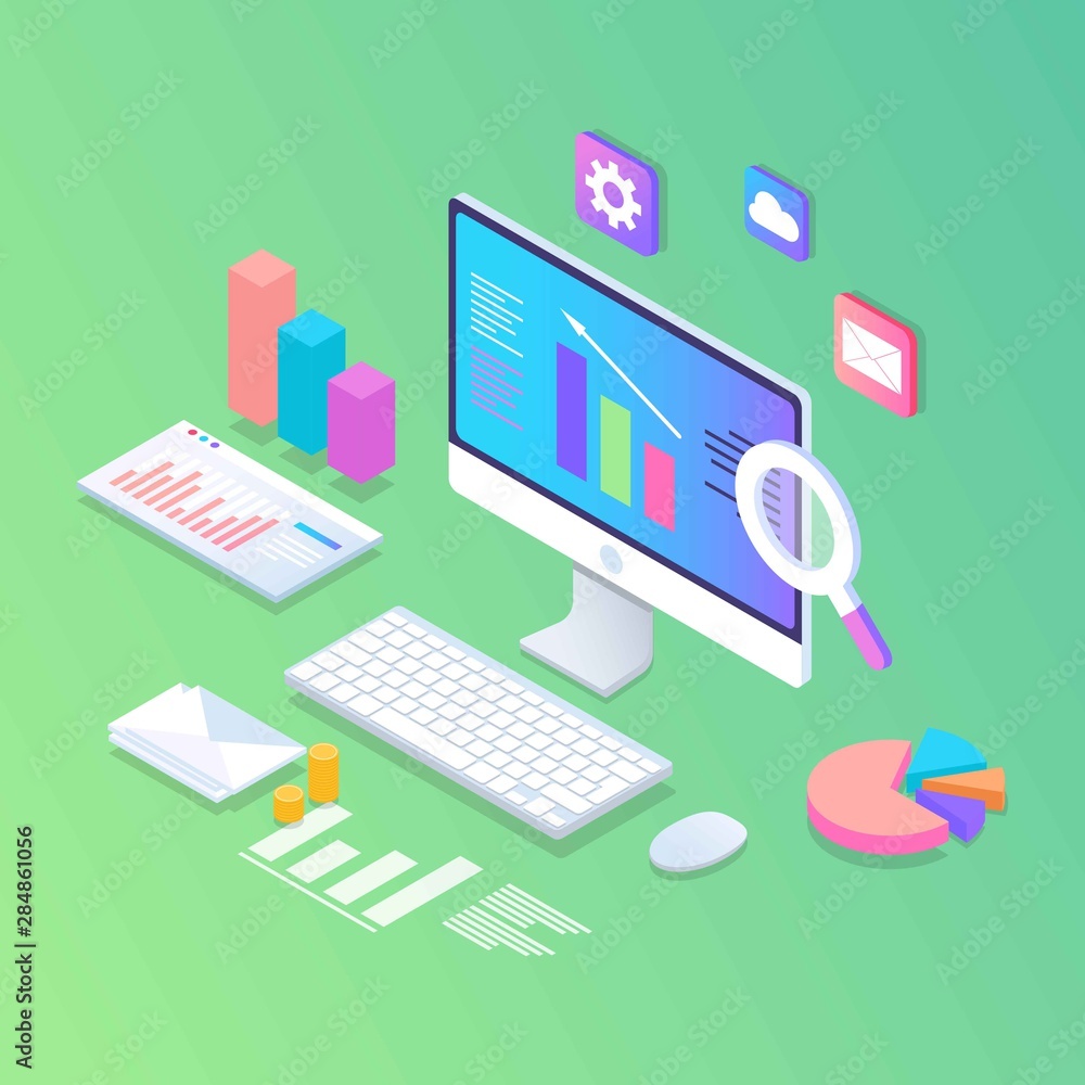 Poster data analysis landing page template. modern flat design isometric concept with graphs, diagrams and 