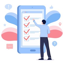 People fill out a form via mobile application. Online application. Checklist on tablet display, checkboxes with check mark. List of purchases, tasks, to do, wish list on the website. Online survey