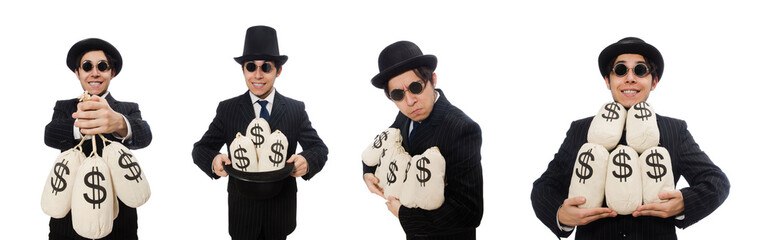 Young employee holding money bags isolated on white