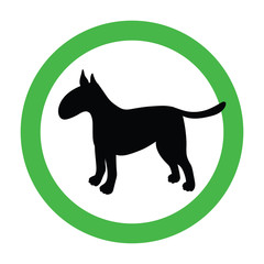 Animal friendly sign with black silhouette. Bullterrier. Dogs are welcome. Vector pet allowed illustration. Green circle