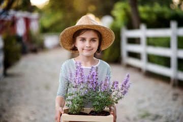 A front view of small girl standing outdoors on family farm, holding plants.