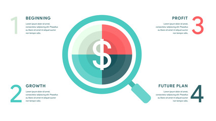 Vector Magnifying Glass for Business infographics concept with 4 options, parts, steps, processes. 16x9 slide clean white template