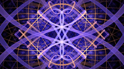 Abstract fractal background made out of   an intricate large central star with decorative beams, arches, rings and rectangular tiles in vivid colors. 