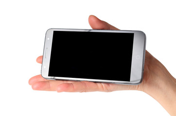 Female hand with smartphone on a white background