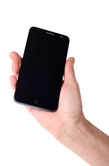 Female hand with smartphone on a white background