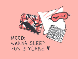 Hand drawn objects about Sleep Routines and text.Vector Cozy Illustration. Creative artwork. Set of doodle pillow and quote