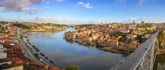Obraz premium Porto Portugal panorama city skyline at Porto Ribeira with Douro River and Dom Luis I Bridge