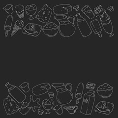 Vector pattern with icons of milk, butter,cottage cheese, sour cream, cheese, yogurt, ice cream, cream. Collection of dairy products.