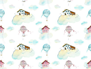 Seamless pattern with clouds. Watercolor hand drawn illustrations