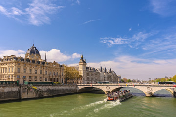 Paris France city skyline at Pont au Change Bridge and Seine River
