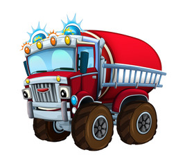 Cartoon firetruck monster truck on white background - illustration for the children