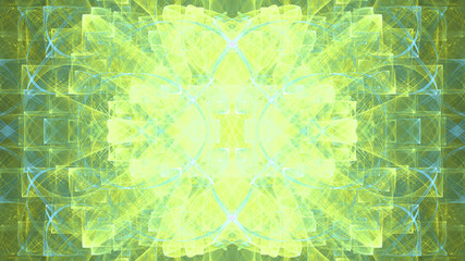 Abstract fractal background made out of   an intricate large central star with decorative beams, arches, rings and rectangular tiles in shining colors