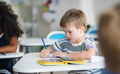 A small school boy sitting at the desk in classroom, writing.