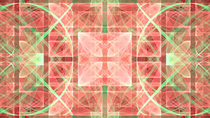 Abstract fractal background made out of an intricate large central star with decorative beams, arches, rings, all in a square grid in shining colors.