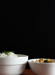 Thai cuisine, Northern of Thailand Lanna style, Hot steamed rice with crispy belly pork in chili flavor, Space for text