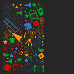 Vector pattern with cinema icons. Movie Theater, TV, popcorn, video clips, musical