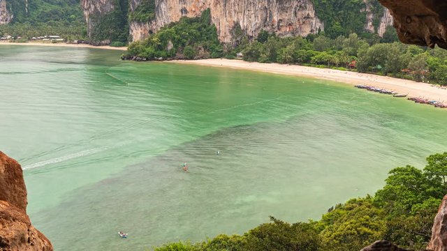 west railay beach and long tail boat traffic on the sea, view from top cave 