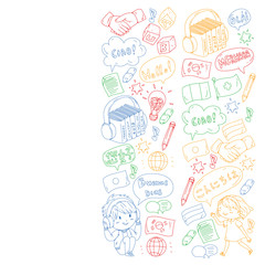 Vector pattern for language class, online courses. English, arabic, italian, japanese, spanish, chinese, german.