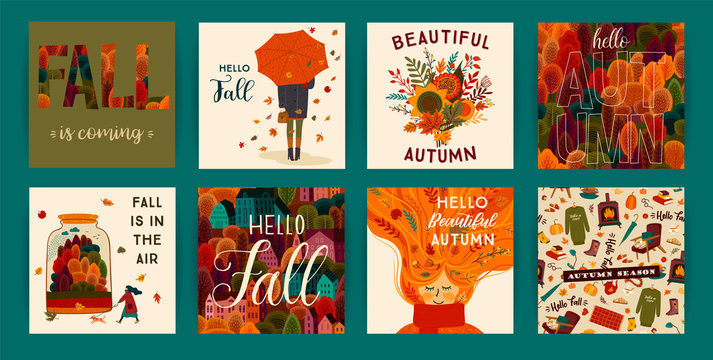 Set of cute autumn illustrations. Vector templates