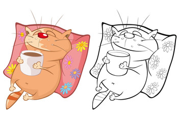 Vector Illustration of a Cute Cartoon Character Cat for you Design and Computer Game. Coloring Book Outline Set 