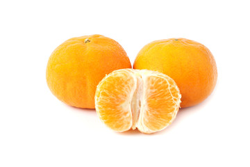 Fresh mandarin orange and peeled fruit isolated on white background