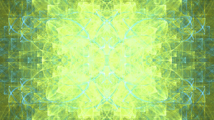 Abstract fractal background made out of   an intricate large central star with decorative beams, arches, rings and rectangular tiles in shining green yellow,blue