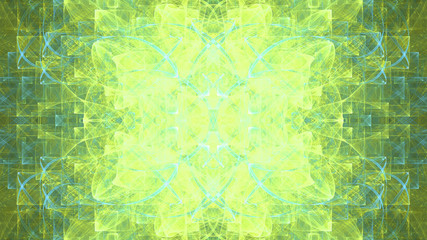 Abstract fractal background made out of   an intricate large central star with decorative beams, arches, rings and rectangular tiles in shining green yellow,blue