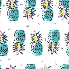 Tropical pineapple funky colorful seamless pattern in hand drawn cartoon doodle kid sketch style 