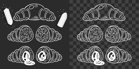 Sketch of croissant and broken piece of chalk with crumbs