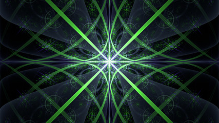 Abstract fractal background made out of   an intricate large central star with decorative beams, arches, rings and rectangular tiles in shining green,violet