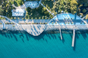 Aerial top down shot of Molos Promenade in Limassol, Cyprus