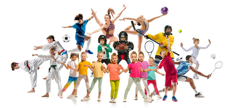 Creative collage of photos of 19 models. Kids in sport. Advertising, sport, healthy lifestyle, motion, activity, movement concept. American football, soccer, tennis volleyball box badminton rugby