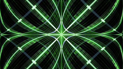 Abstract fractal background made out of   an intricate large central star with decorative beams, arches, rings and rectangular tiles in shining green,violet