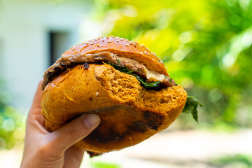 A hunberger with fried potatos and abocado, Mexico