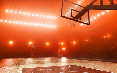 Empty professional basketball court. Floodlit red background