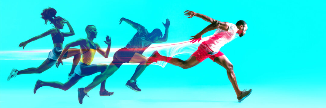 Creative collage of photos of 4 models running and jumping. Ad, sport, healthy lifestyle, motion, activity, movement concept. Male and female sportsmans of different ethnicities. Blue background.