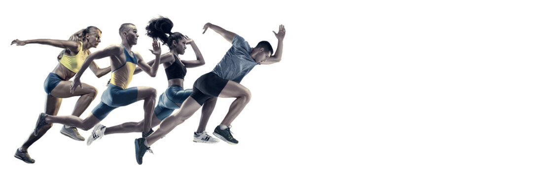 Creative collage of photos of 4 models running and jumping. Ad, sport, healthy lifestyle, motion, activity, movement concept. Male and female sportsmans of different ethnicities. White background.