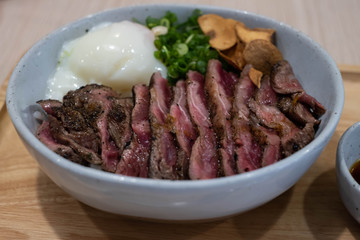 Japanese beef bowl or gyudon in Japanese, beef cook with onion and soy suace.