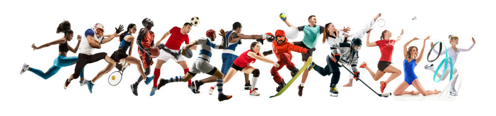 Creative collage of photos of 15 models running and jumping. Advertising, sport, healthy lifestyle,...