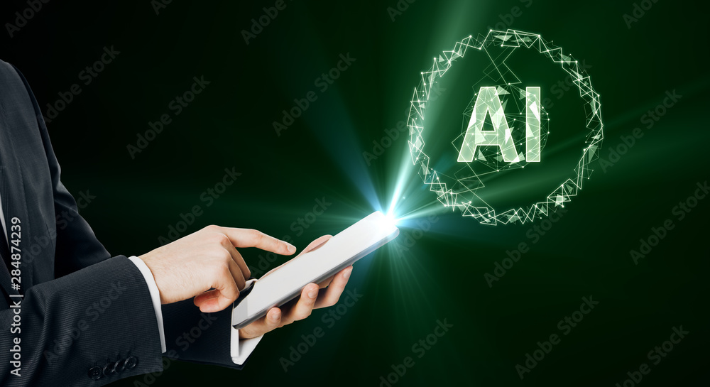 Poster artificial intelligence concept with ai letters and businessman using digital tablet.