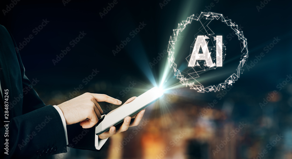 Aufkleber artificial intelligence concept with ai letters and businessman using digital tablet.
